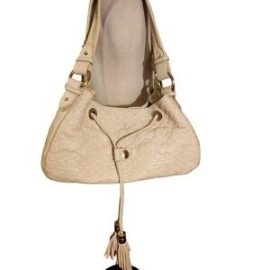 Lancel Paris Satchel Medium Sized Ecru Embroidered Quilted Leather Old Money